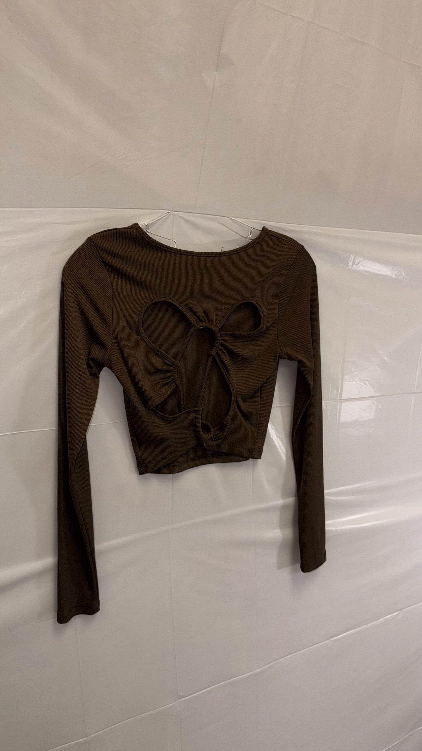 Brown Ribbed Open-Back Crop Top