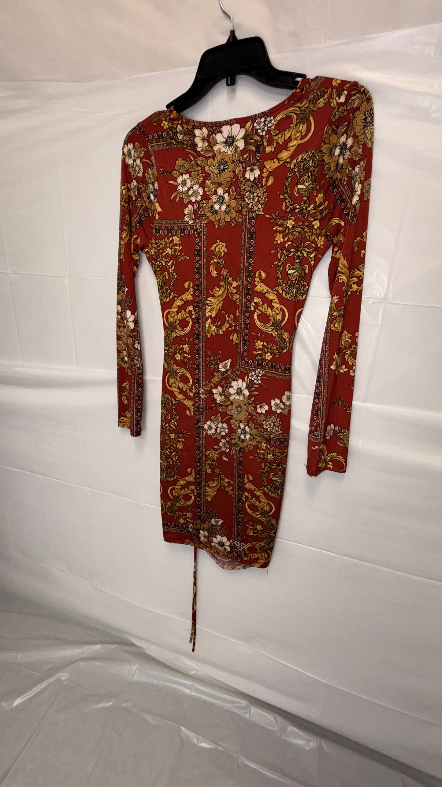 Red Baroque Floral Ruched Cut-Out Mini Dress
