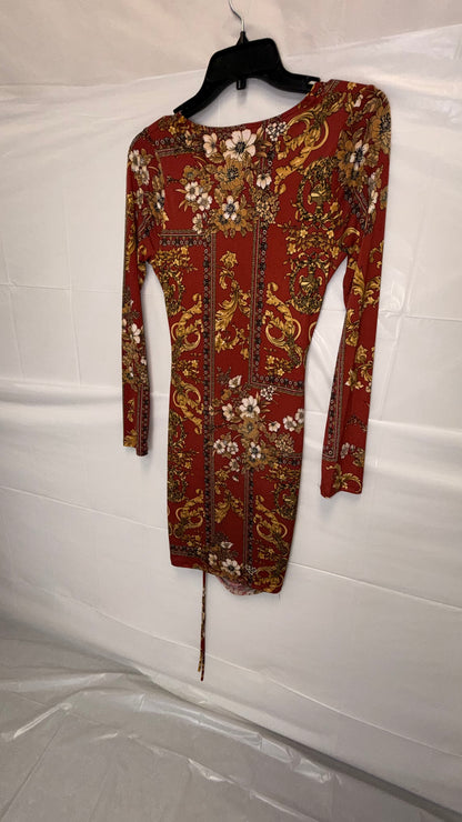 Red Baroque Floral Ruched Cut-Out Mini Dress