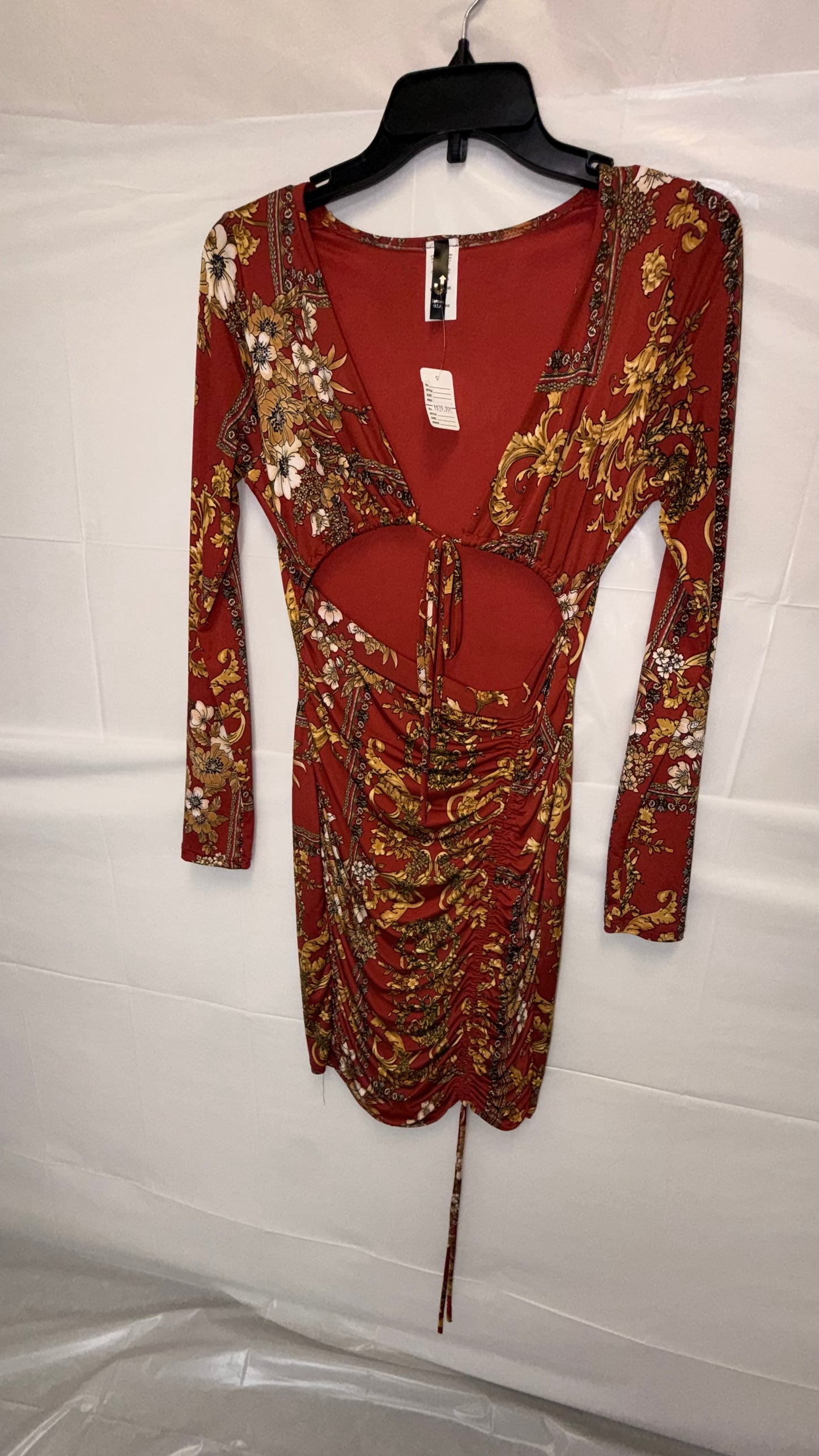 Red Baroque Floral Ruched Cut-Out Mini Dress