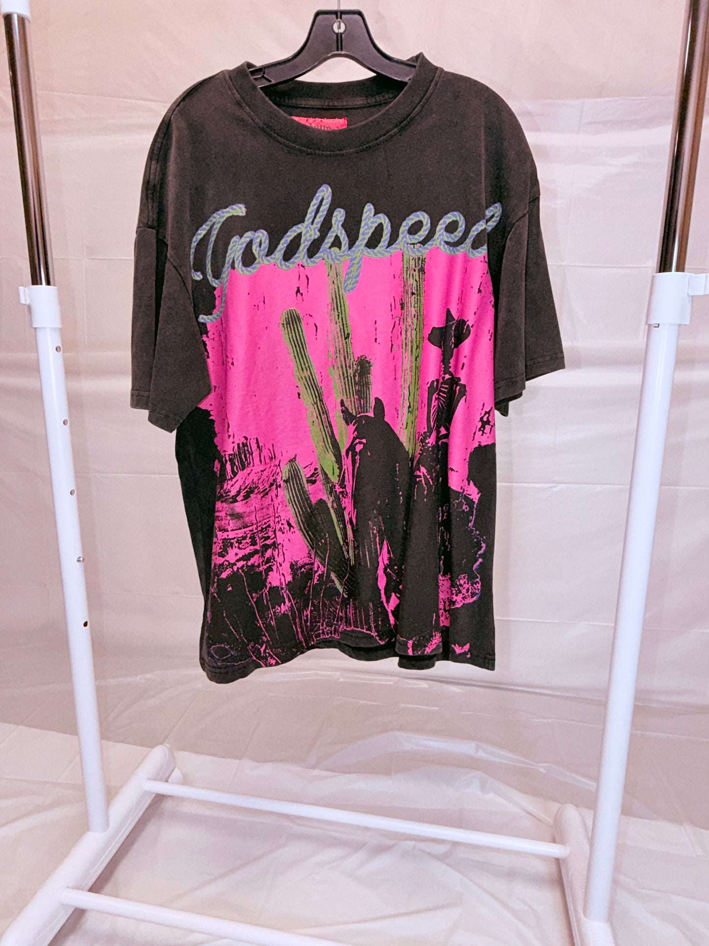 Vintage-Inspired "Godspeed" Graphic T-Shirt – Black/Pink Oversized Tee