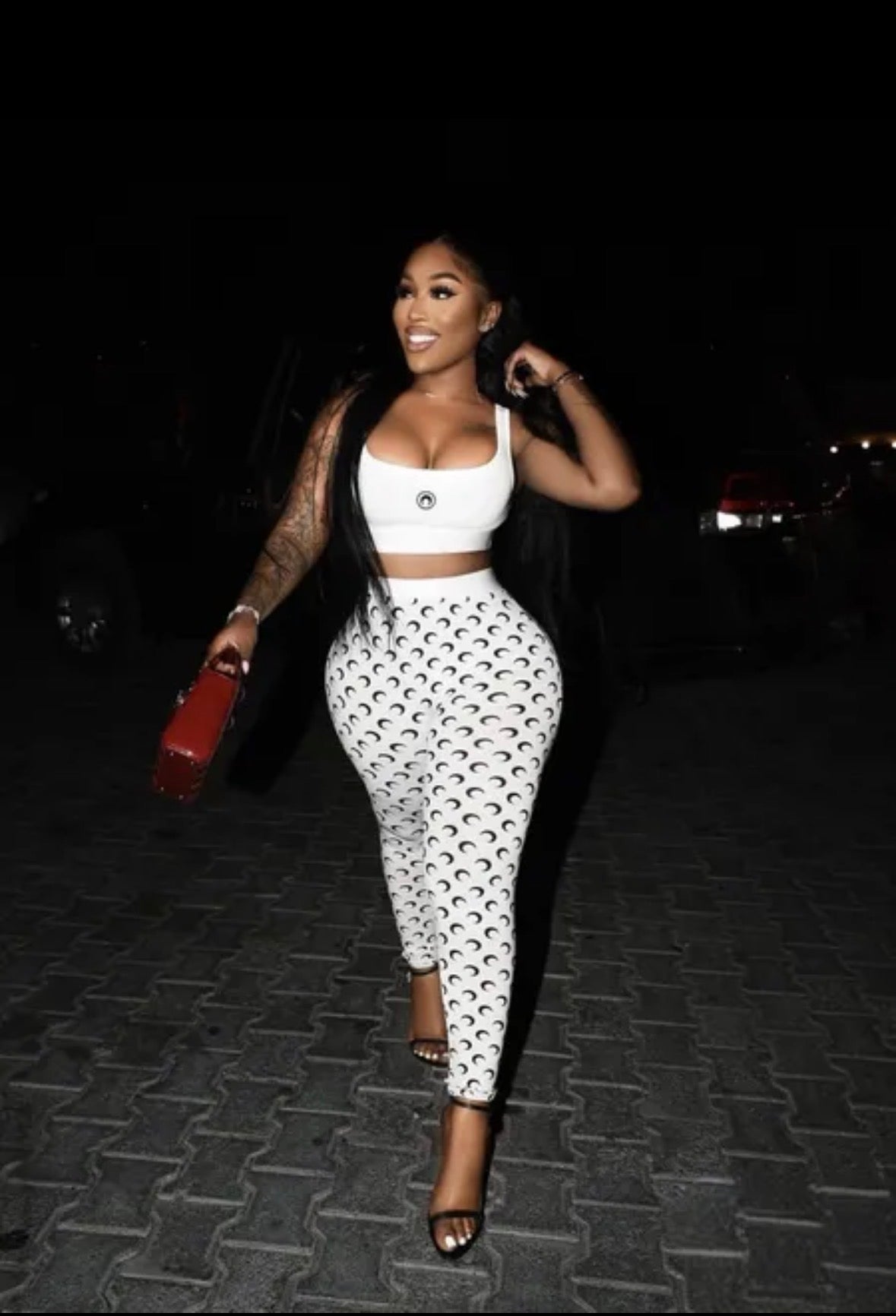 White Crescent Print Two-Piece Set – Crop Tank & Leggings