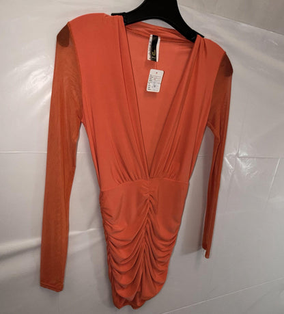 Women's Ruched Bodycon Mini Dress – Vibrant Coral Orange