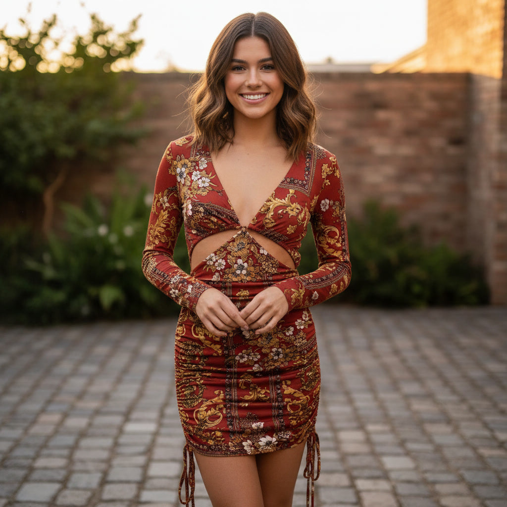 Red Baroque Floral Ruched Cut-Out Mini Dress