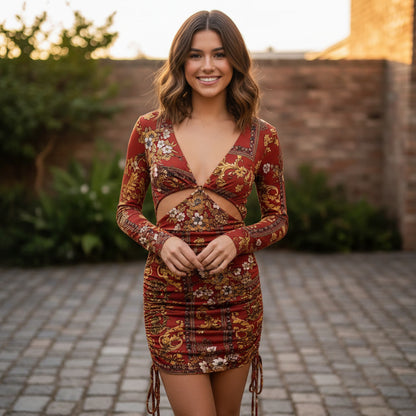 Red Baroque Floral Ruched Cut-Out Mini Dress