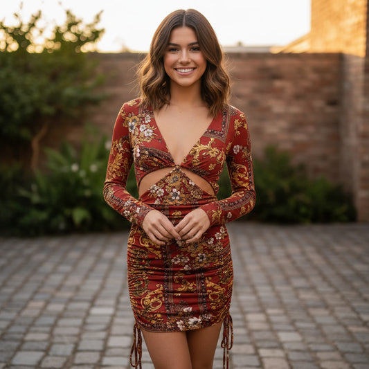 Red Baroque Floral Ruched Cut-Out Mini Dress