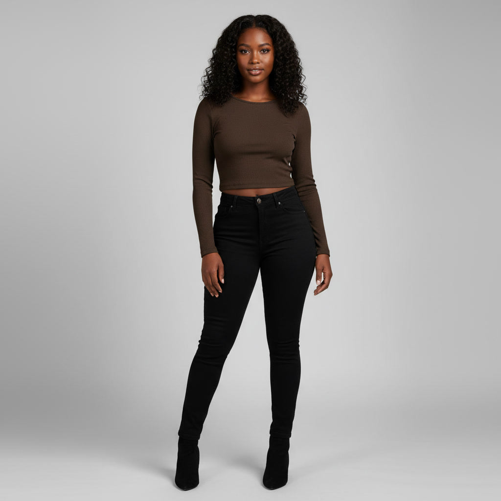 Brown Ribbed Open-Back Crop Top