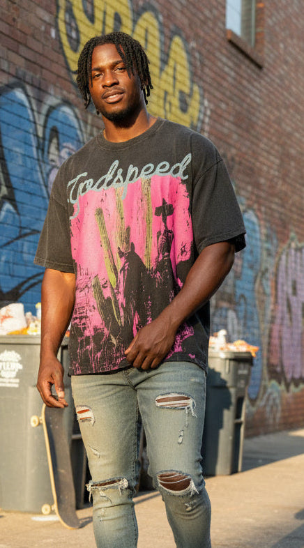 Vintage-Inspired "Godspeed" Graphic T-Shirt – Black/Pink Oversized Tee